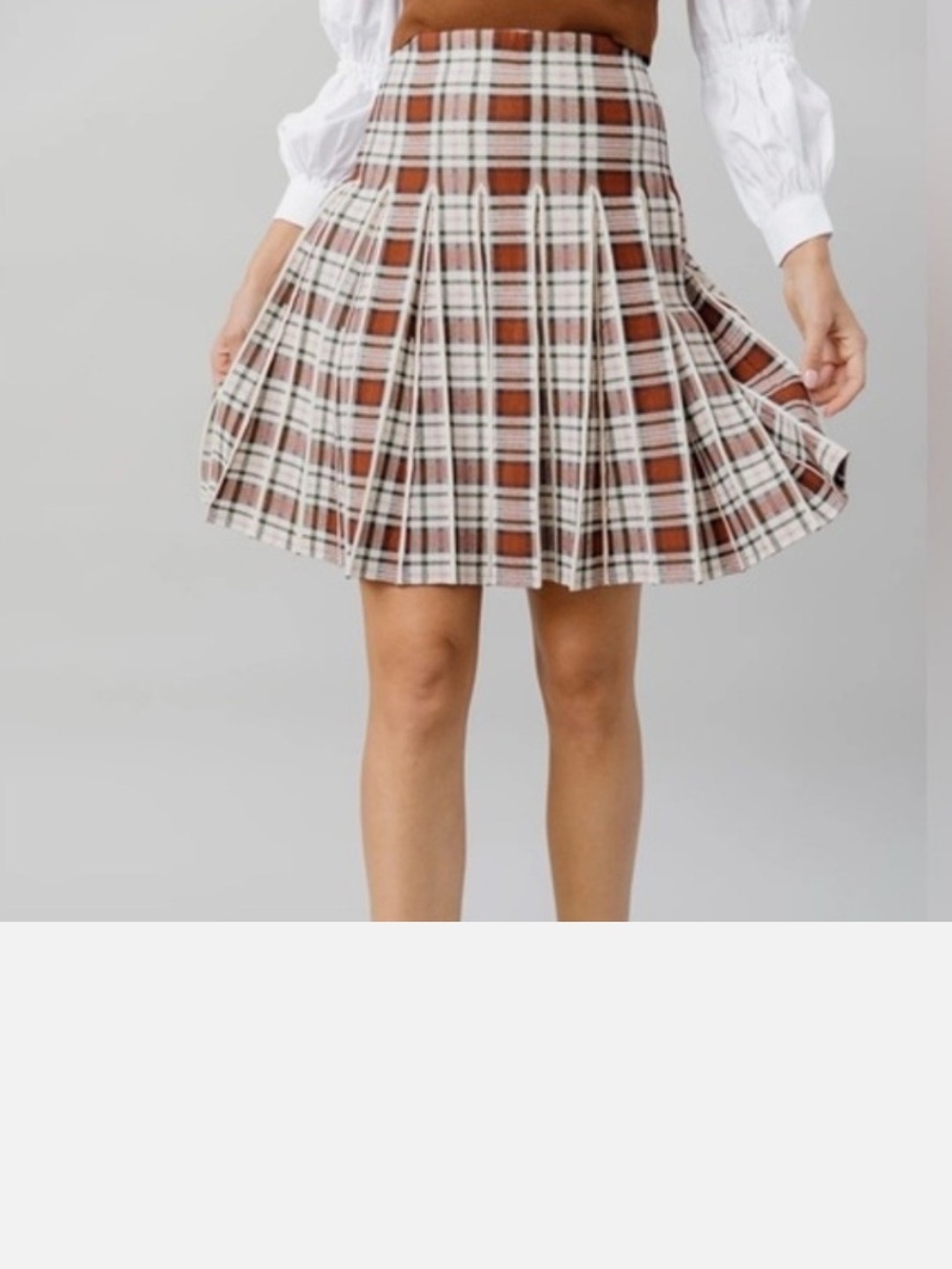 High-Waist Pleated Plaid Skater Skirt - Brown & Cream